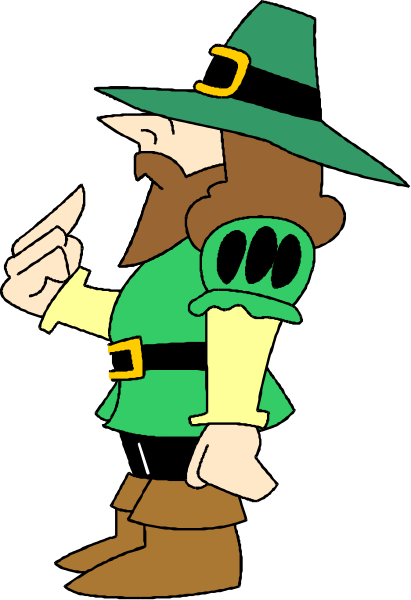 The cartoon depicts a character dressed as an elf with pointed ears standing on two legs; he is wearing green clothing that includes boots, pants, gloves, and has his hand raised to point at something off-camera while looking upwards towards it.