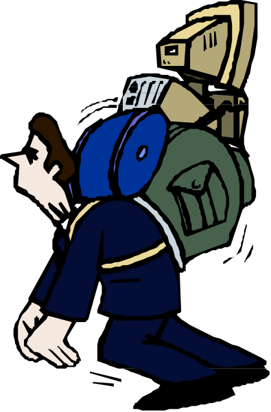 The cartoon shows a person sitting on luggage with various items piled up around them; there's also an animal that appears to be a dog in front of the pile.