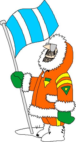 The image shows a cartoon character dressed as Santa Claus holding an American flag with his left hand while standing on what appears to be snow-covered ground in front of him is another smaller figure that resembles a blue and white striped pole, possibly representing a goal post or similar object.