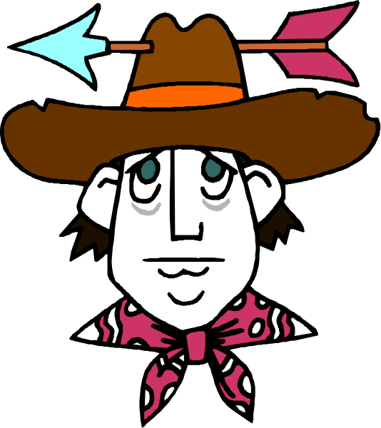 The image shows a cartoon of an anthropomorphic character dressed as Indiana Jones with a cowboy hat, bandana around neck, vest over shirt, pants rolled up to knees, boots on feet, holding two guns crossed in front and wearing spurs.
