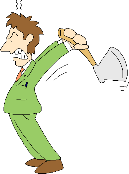 The cartoon shows a man dressed as an accountant holding two axes behind his back while walking away from something that appears to be on fire in front of him.