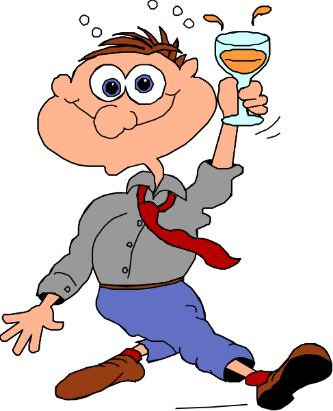 The cartoon shows a man holding up his glass of wine while standing on one leg with another foot raised as if dancing; he is wearing blue jeans rolled at the bottom to expose bare feet, brown shoes, white shirt and tie, and has short hair.