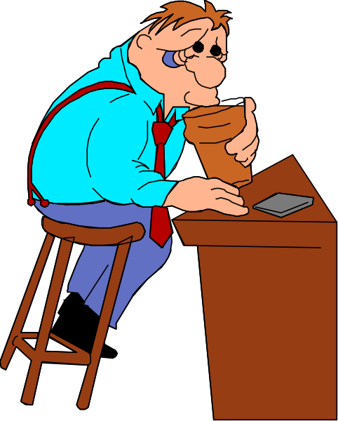 The cartoon shows a man sitting at a bar with his head resting on it; he is holding an empty glass of beer in one hand while using another to scratch his chin thoughtfully.
