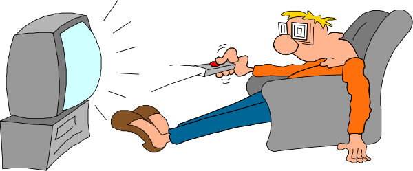 The cartoon shows a man lying on his back with legs up against an airplane seatback while watching TV; he is holding remote controls in each hand.