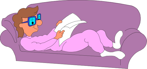 The cartoon shows a person lying on purple couch with blue glasses reading something while wearing pajamas; there is no text in this image.