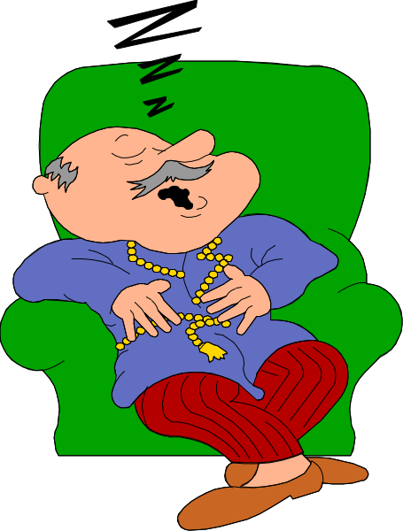 The cartoon depicts a man sitting on a couch with his arms crossed over his chest while wearing an oversized blue shirt and red pants; he has gray hair and is holding what appears to be a necklace in one hand, which could possibly represent money or jewelry due to its size relative to the character.
