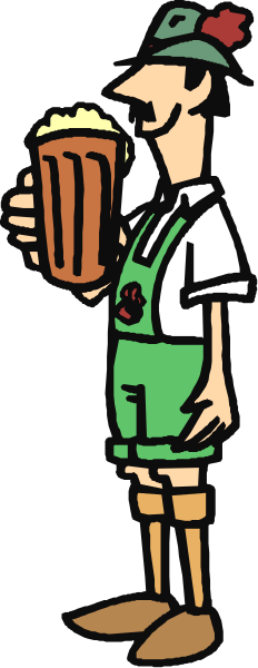 The cartoon depicts a man wearing shorts holding two mugs of beer while standing outdoors during daylight hours.