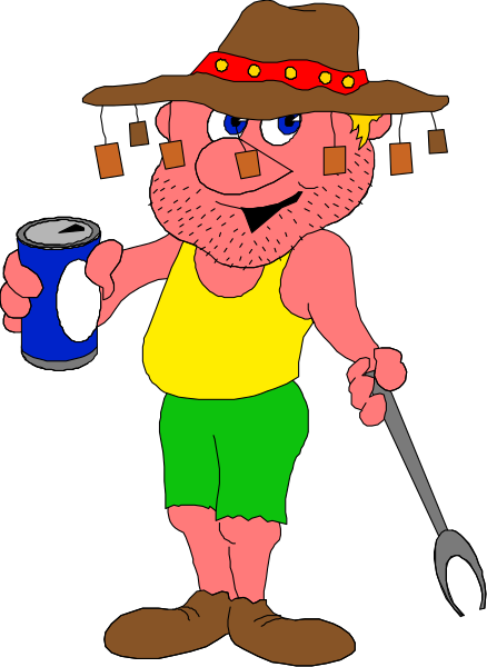 The cartoon depicts a man with facial hair holding a beer can while wearing shorts, boots, suspenders, and an Australian hat; he is standing in front of what appears to be a black background.