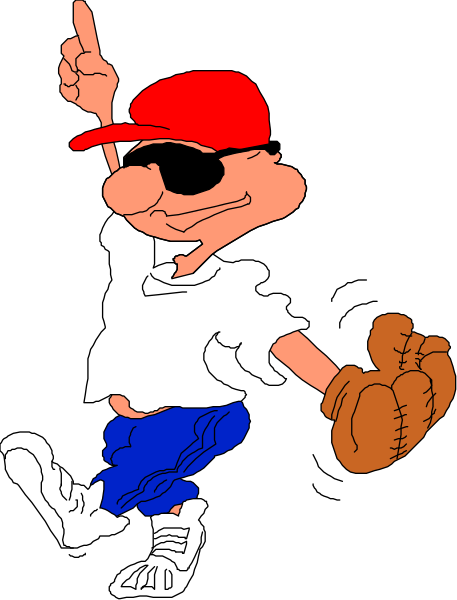 The cartoon shows a character who appears to be an animated baseball player celebrating with his arms raised high above him while wearing sunglasses on top of his head; he is also holding up one finger as if signaling number 1, and has a red cap on backwards. He's standing in front of what looks like the American flag background. The character seems to be enjoying himself after scoring or winning something related to baseball. There are no other objects visible besides him. No text present within this image. This is not an actual photograph but rather clip-art style illustration with a