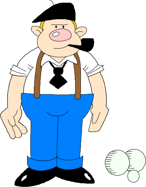 The cartoon shows a man with mustache wearing suspenders standing next to an exploded ball of yarn on ground in front of him; he is pointing at it while looking surprised.