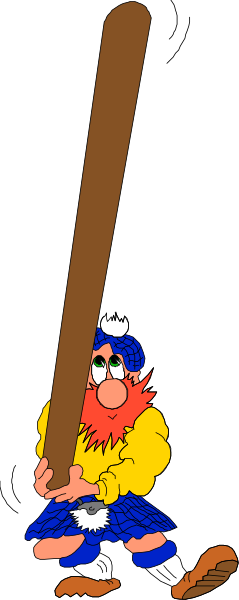 The cartoon shows a baseball player holding two bats with both hands at his sides while standing on what appears to be grass in front of him; he is wearing blue shorts and has red hair.