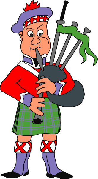 The cartoon depicts a man playing bagpipes while wearing traditional Scottish attire with plaid patterned kilt, sporran, boots, and hat; he is also holding two pipes in his hands.