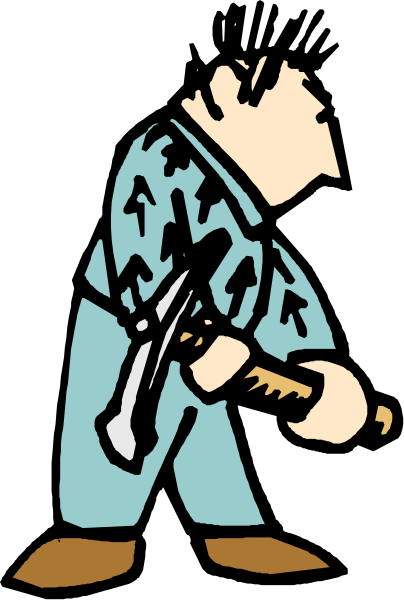The image shows a cartoon of an animated character holding two knives with crossed blades while standing against a black background.