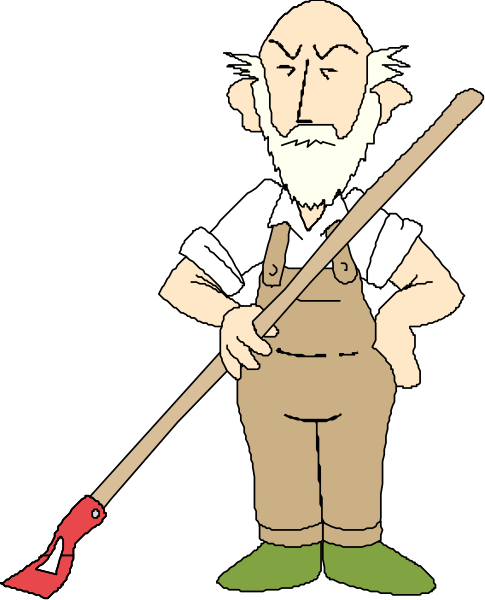 The cartoon depicts an elderly man with a beard holding a shovel over his shoulder while standing on what appears to be grassy ground in front of him.