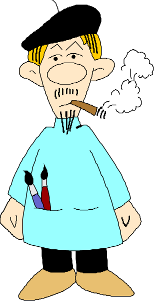 The cartoon shows a man with mustache holding cigar standing next to an easel displaying his artwork; he is wearing blue shirt and hat.