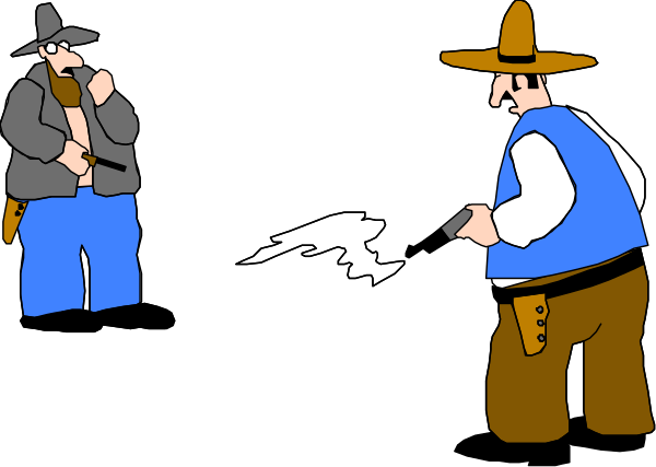 The cartoon depicts three cowboys standing on a black background with their backs to each other; two of them have guns in hand while one is holding an object that resembles a bird.