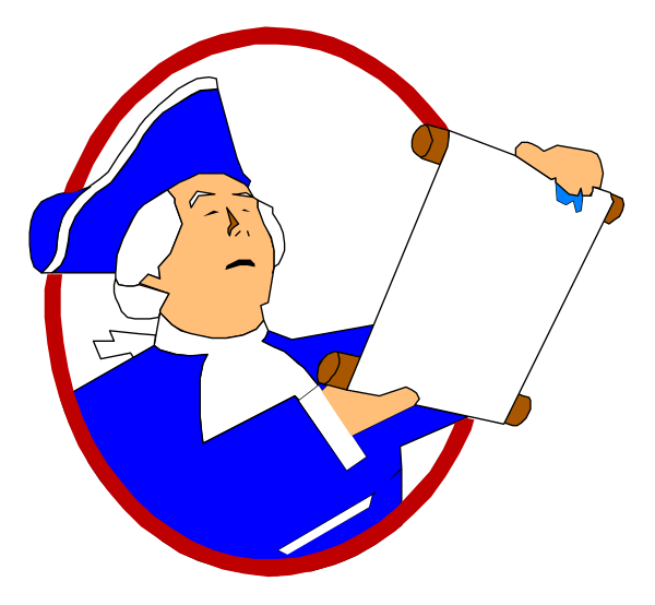 The image shows a cartoon of George Washington holding up an empty scroll with his left hand while wearing blue attire that includes a coat and trousers; he is depicted in profile facing right against a dark background, within what appears to be a circular emblem or seal-like border featuring red lines.
