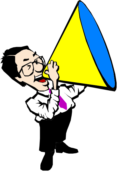 The image shows a cartoon of an adult male with glasses holding up his hand to speak into a microphone while standing in front of what appears to be a blue cone-shaped object on top of another yellow one, both set against a black background that has white stripes at its bottom and right side.