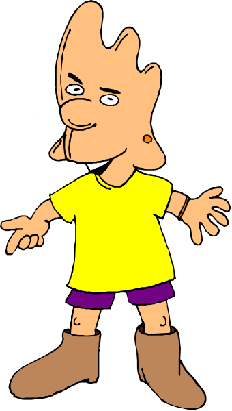 The cartoon shows a character standing with hands on hips against a dark background; it is stylized to resemble an animated figure in casual attire including shorts and boots.