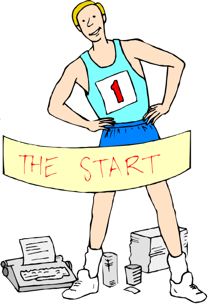 The illustration shows a cartoon of an athlete standing next to boxes with papers on them; he is holding up his hands as if presenting something. Above him hangs a sign that reads "THE START."