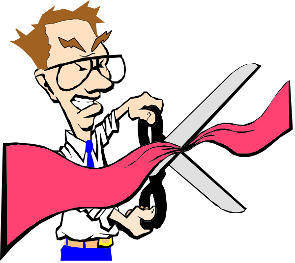 The cartoon shows a man with glasses holding scissors to cut off his tie; he is wearing blue jeans instead of formal attire.