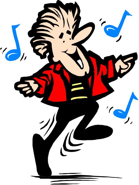 The image shows a cartoon of an animated character singing into microphone with musical notes floating around him against black background.