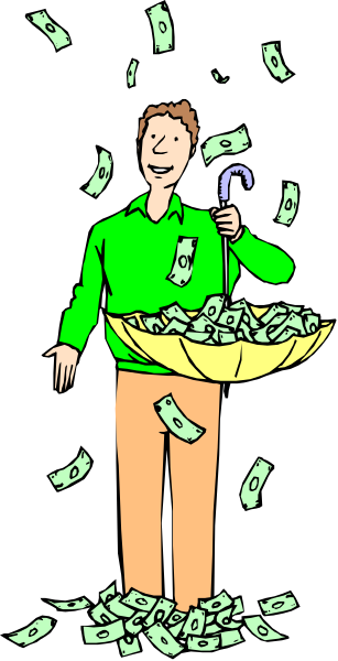 The cartoon shows a man standing on top of money bags with his arms outstretched as if he's flying above them; there is no background detail provided in this image snippet.