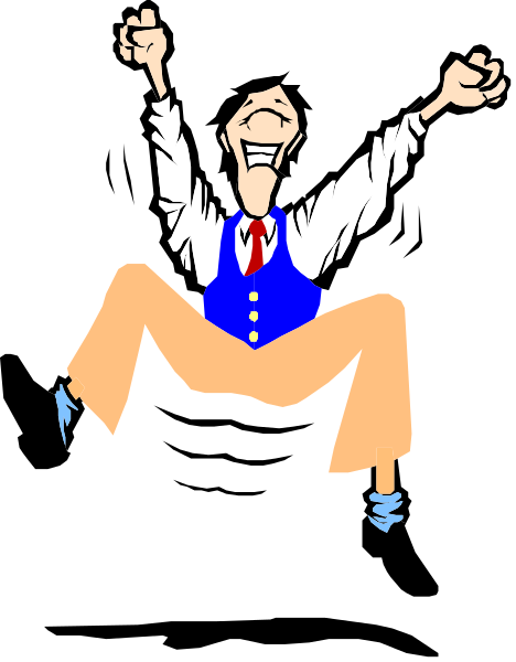 The image shows a cartoon of an animated man with exaggerated facial features sitting on his hands while wearing suspenders and shorts, celebrating in mid-air against a black background.