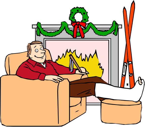The cartoon depicts a man sitting on an orange couch with his feet propped up near a fireplace that has stockings hanging from it; he is holding what appears to be a remote control in one hand and reading something, possibly a book, held by another figure who seems to have been edited out.