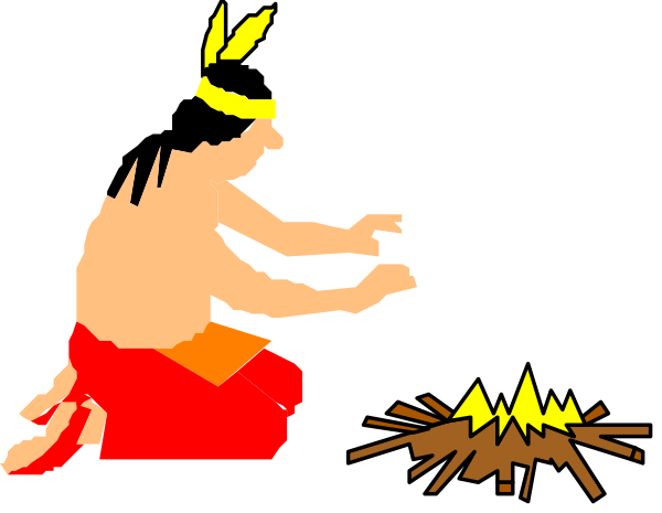The image shows a pixelated scene with two animated characters resembling indigenous figures engaged in an activity that involves fire; one character is holding what appears to be flaming sticks while another stands nearby observing, and there's smoke rising from burning material on the ground between them.