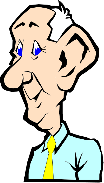 The image shows a cartoon of an older man with glasses wearing a blue shirt and tie; he has white hair and is smiling slightly at something off-camera to his right side in front of him.