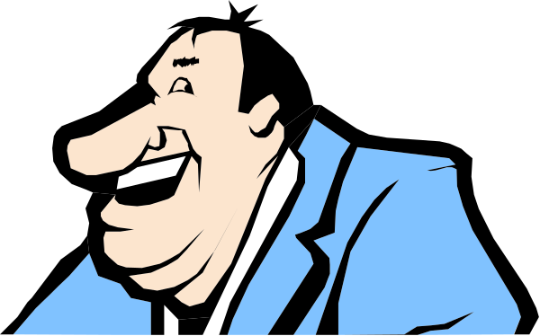 The image shows a cartoon of an animated character who appears to be laughing maniacally while standing on what looks like a stage with curtains in the background; there is no text present within this small clip-art image.