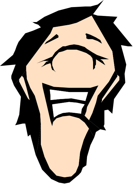 The image shows a black and white cartoon of an animated character with exaggerated facial features such as large eyes and teeth, smiling broadly while looking upwards to its left side.