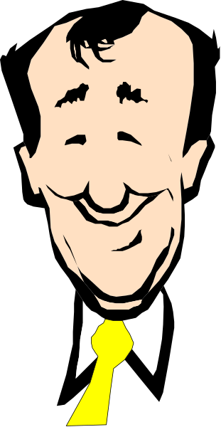 The black and white photo shows a man with glasses smiling at something off camera. He is wearing a yellow tie under his suit jacket.
