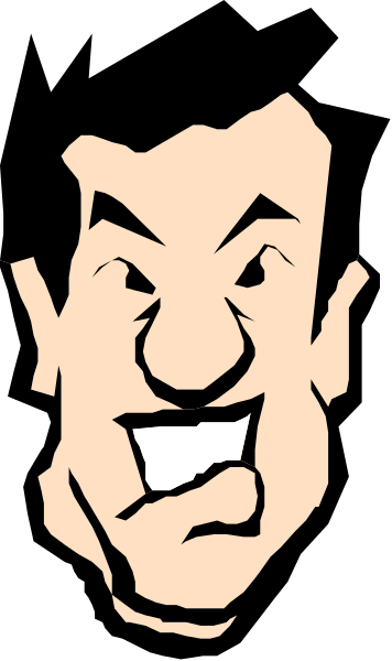 The image shows a black and white cartoon of an animated character who appears to be smiling broadly with his mouth wide open.