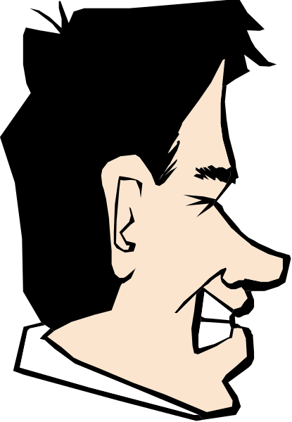 The black and white silhouette of a man's face with an exaggerated smile peeking through from behind what appears to be bars on his head.