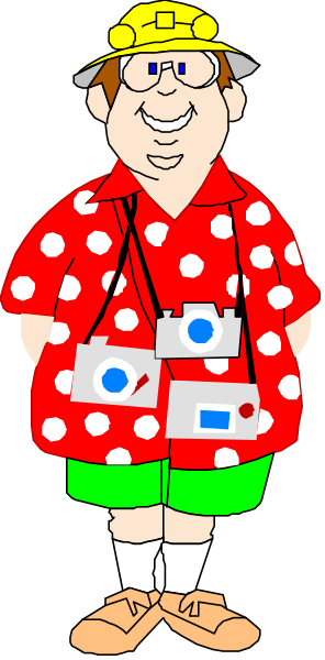 The cartoon depicts a man wearing an oversized red shirt with white polka dots over his regular clothes; he has on shorts, shoes, glasses, and is carrying multiple cameras around his neck while standing in front of what appears to be a building or structure that could possibly have some sort of signage.