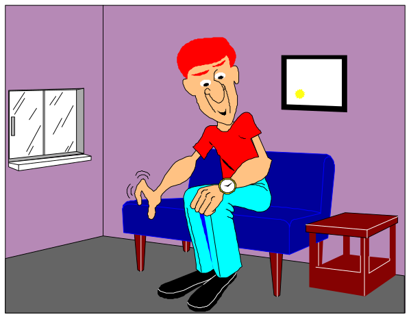The cartoon shows a man sitting on his couch with an arm resting over it while looking at something off-screen to his left; he is wearing blue jeans and has red hair.