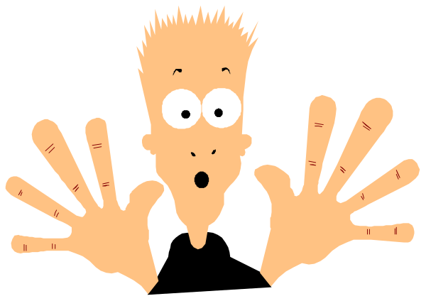 The image shows a cartoon character with exaggerated features making an expressive gesture while standing against a black background.