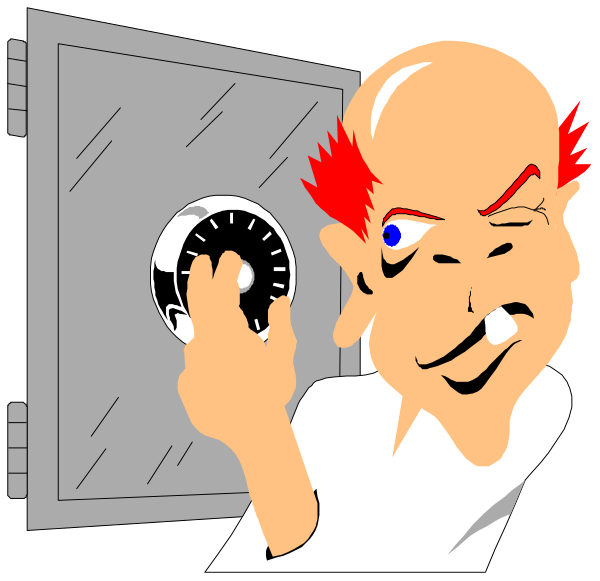 The cartoon shows a bald man with red hair peeking out from behind an open door of what appears to be a bank vault. He is holding his finger on top of a combination lock mechanism that has been turned, and he's looking directly at it as if contemplating how to unlock the safe or continue opening more locks in sequence.