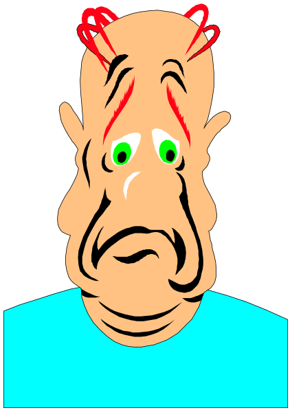 The image shows a cartoon of an elderly man with exaggerated facial features such as large eyes and wrinkles on his forehead; he appears to be in distress or discomfort due to these expressions.