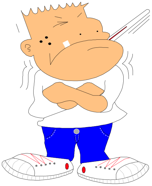 The cartoon shows a character with an exaggeratedly large head wearing blue jeans crossed at his waist over white sneakers; he has one hand on hip while holding what appears to be a toothbrush in other, and is standing against a black background.