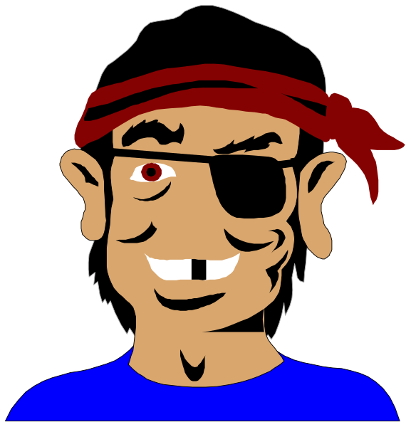 The image shows a cartoon of two characters: on top left, there is an older man with glasses wearing red bandana around his head; below him to right side, another character appears as younger male in blue shirt and black pants also sporting pirate hat but without any visible facial features or accessories.