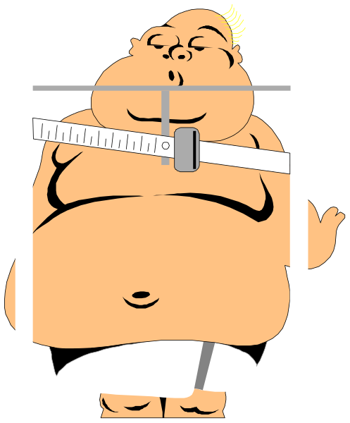 The cartoon shows a large man sitting on an examination table with his arms crossed over his chest; he is wearing glasses and has short hair. He appears to be in deep thought as indicated by one hand resting under his chin, while looking upwards towards something not visible within this image frame.