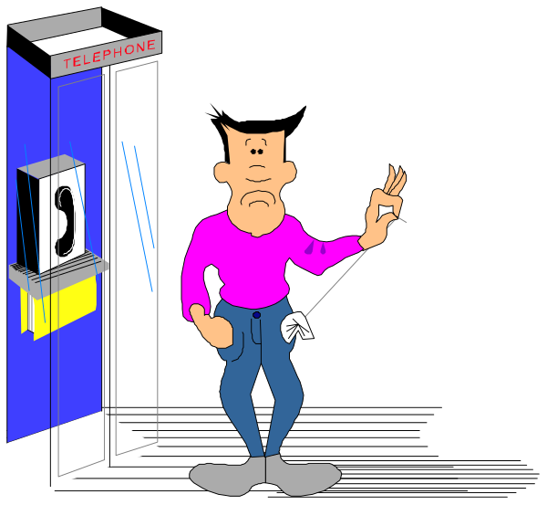 The image shows a cartoon of an animated character standing next to two payphones with their hand on hip while holding up peace sign; one phone is labeled "TELEPHONE" in red text above it, and both phones have coin slots below them.