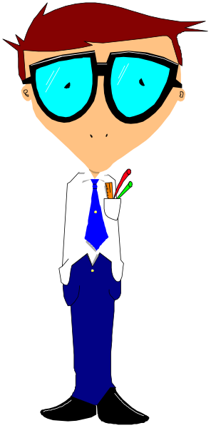 The image shows a cartoon of an adult male character with glasses standing against a dark background; he is wearing blue pants and has short brown hair. He appears to be in formal attire consisting of a white shirt, tie, and jacket.