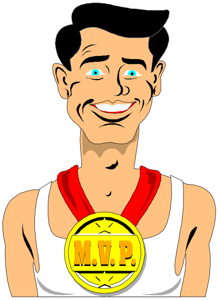 The cartoon shows a man with blonde hair wearing glasses, smiling broadly at an audience while holding up his hands in front of him as if presenting something to them. He is dressed casually in a white tank top and red shorts. Behind him on stage there's a yellow trophy labeled "MVP" prominently displayed above the man's head with text that reads, "Congratulations! You are an MVP!" The background of this image appears to be black but is not detailed enough for me to describe it accurately.