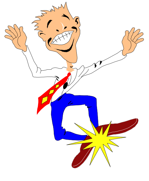 The cartoon shows a man with his arms outstretched as if falling over backwards while wearing blue jeans; he has red hair and is smiling broadly before landing on one foot in front of him.