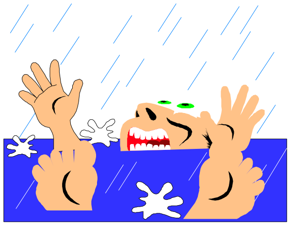 The cartoon depicts a person submerged up to their necks in water with raindrops falling around them while raising both hands above head as if screaming for help from inside what appears to be an underwater setting, possibly indicating distress due to flooding or drowning hazard.