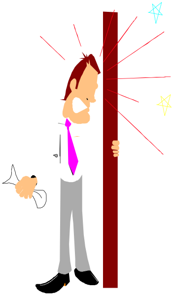 The image shows a cartoon of an animated man standing behind a red vertical line with stars above his head; he is holding onto it as if to support himself from falling over backwards due to its length.
